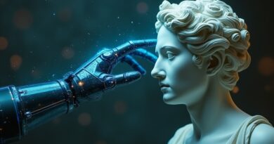 Cybernetyczna dłoń z niebieskimi obwodami dotyka marmurowego popiersia, cyjan i złoto, surrealistyczna wizja AGI.