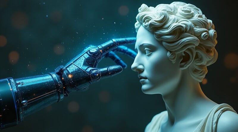 Cybernetyczna dłoń z niebieskimi obwodami dotyka marmurowego popiersia, cyjan i złoto, surrealistyczna wizja AGI.