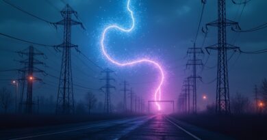 Eteryczny kod AI atakuje podstację energetyczną w błękitno-fioletowym mieście.