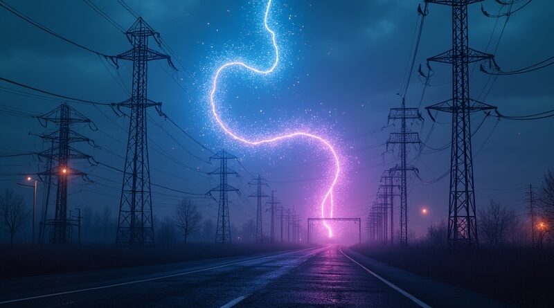 Eteryczny kod AI atakuje podstację energetyczną w błękitno-fioletowym mieście.