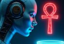 Neonowy profil OpenAI ściska złotą dźwignię "Sol 5.6", strącając kosztowny czerwony Ankh ze szklanego podium.