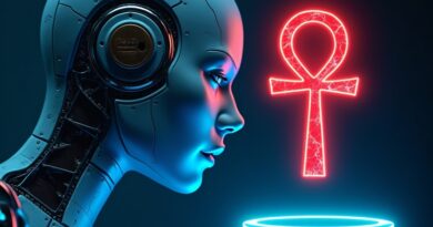 Neonowy profil OpenAI ściska złotą dźwignię "Sol 5.6", strącając kosztowny czerwony Ankh ze szklanego podium.