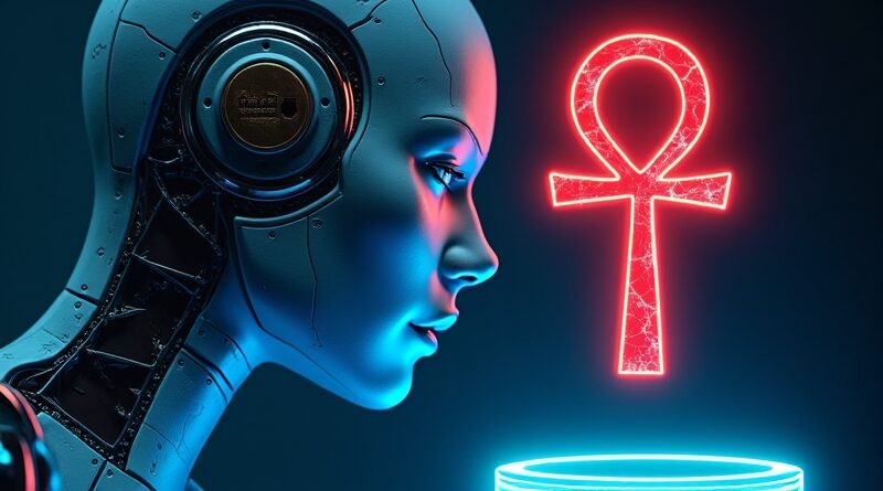 Neonowy profil OpenAI ściska złotą dźwignię "Sol 5.6", strącając kosztowny czerwony Ankh ze szklanego podium.
