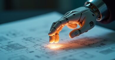 Ludzka dłoń prowadzi świetlistą, eteryczną dłoń robota nad błękitną i złotą mapą.