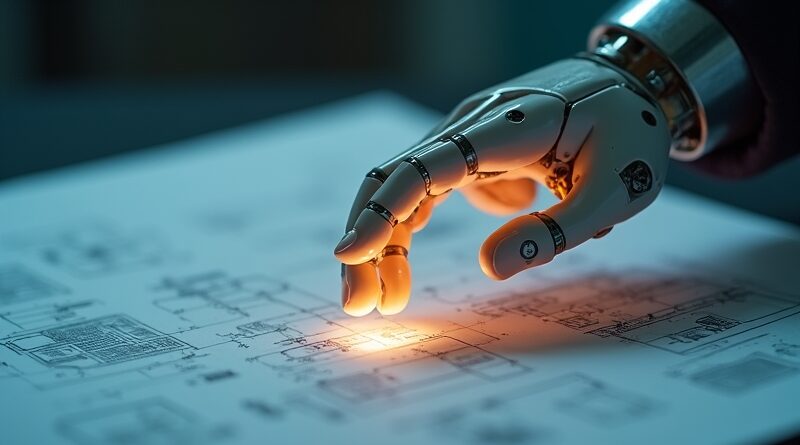 Ludzka dłoń prowadzi świetlistą, eteryczną dłoń robota nad błękitną i złotą mapą.