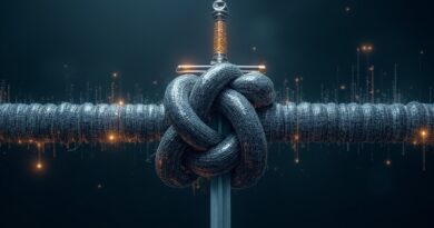 Gordyjski węzeł kodu binarnego przecięty złotym mieczem