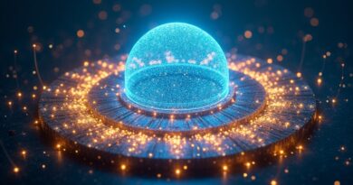 Lśniący rdzeń danych z arabskimi fraktalami w neonowym błękicie i złocie pod futurystyczną kopułą.