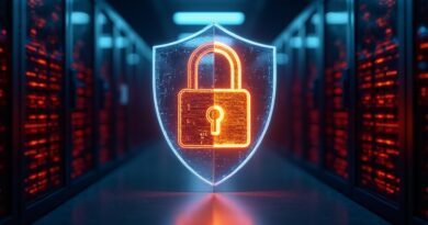 Dwuobliczna cyfrowa tarcza w cyberpunkowym serwerowni z kluczem i zamkiem.
