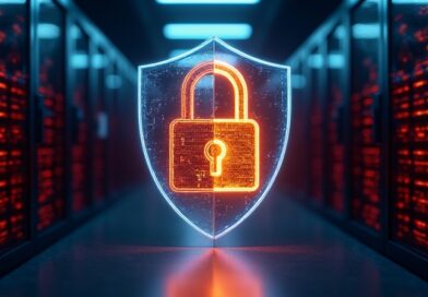 Dwuobliczna cyfrowa tarcza w cyberpunkowym serwerowni z kluczem i zamkiem.