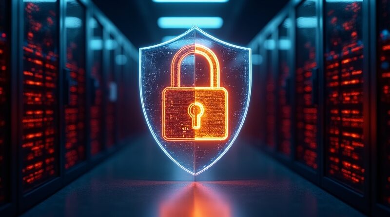 Dwuobliczna cyfrowa tarcza w cyberpunkowym serwerowni z kluczem i zamkiem.