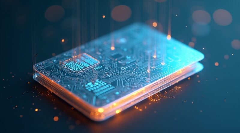 Holograficzny paszport AI z niebiesko-złotymi wzorami obwodów, unoszący się w przestrzeni.