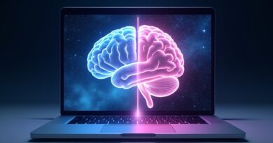 MacBook z przezroczystym mózgiem rozdzielonym na pół, jedna połowa unosi się do chmury.