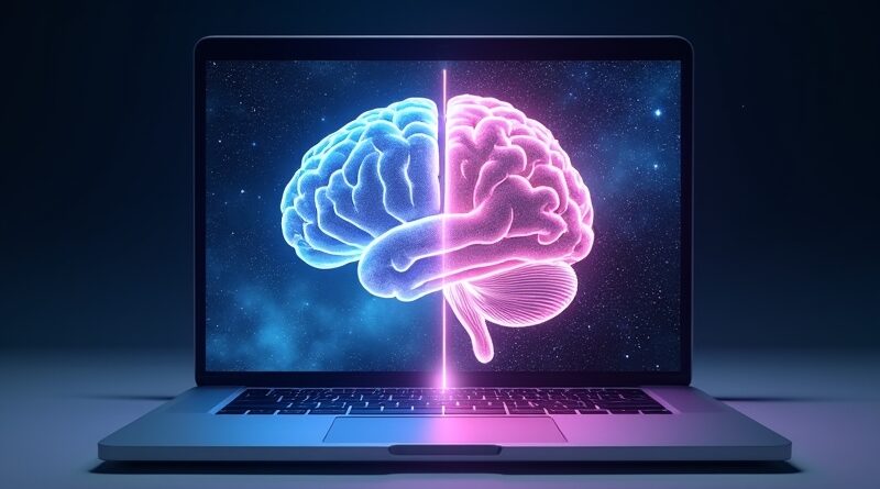 MacBook z przezroczystym mózgiem rozdzielonym na pół, jedna połowa unosi się do chmury.