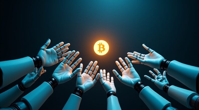 Dziesięć lśniących, robotycznych dłoni sięga po pojedynczego, świetlistego Bitcoina w ciemnej pustce.