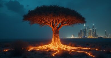 Baobab o korzeniach jak obwody łączy afrykańską sawannę z futurystycznym Dubajem.