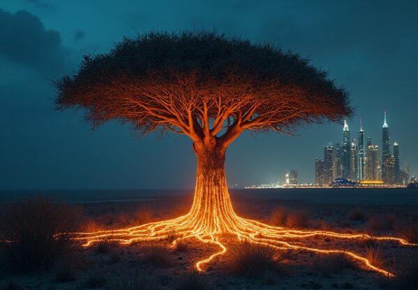 Baobab o korzeniach jak obwody łączy afrykańską sawannę z futurystycznym Dubajem.