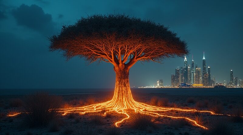 Baobab o korzeniach jak obwody łączy afrykańską sawannę z futurystycznym Dubajem.