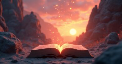 Fantasy krajobraz wyłaniający się z księgi, niskopoligowy 3D, ciepły zmierzch, magiczne cząsteczki