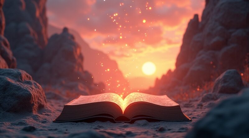 Fantasy krajobraz wyłaniający się z księgi, niskopoligowy 3D, ciepły zmierzch, magiczne cząsteczki