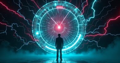 Zegar z wirującymi trybami, błyskawice danych, zamrożona sylwetka, cyberpunkowy neon cyjan i szkarłat.