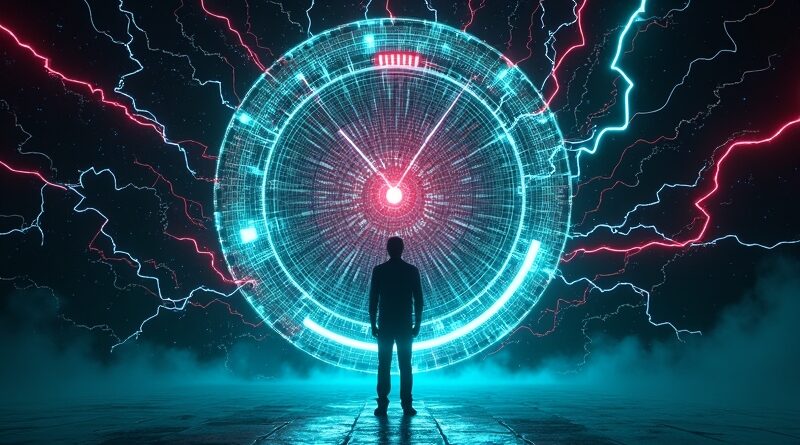 Zegar z wirującymi trybami, błyskawice danych, zamrożona sylwetka, cyberpunkowy neon cyjan i szkarłat.
