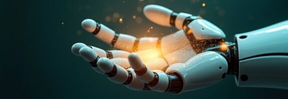 Robotyczna dłoń trzyma świetlisty zwój proceduralny w odcieniach morskiej zieleni i bursztynu.