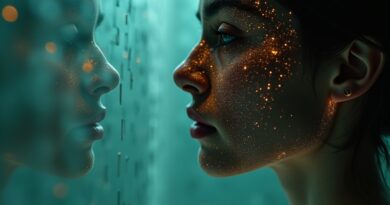 Ethereal mirror, human face replaced by glowing data streams, melancholic dependency on AI