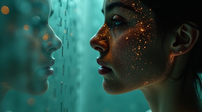 Ethereal mirror, human face replaced by glowing data streams, melancholic dependency on AI