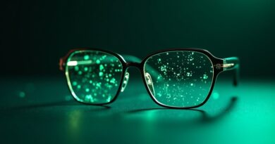Minimalistyczne okulary RayNeo iO na ciemnym tle, wokół zielone holograficzne fragmenty tekstu.
