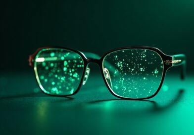 Minimalistyczne okulary RayNeo iO na ciemnym tle, wokół zielone holograficzne fragmenty tekstu.