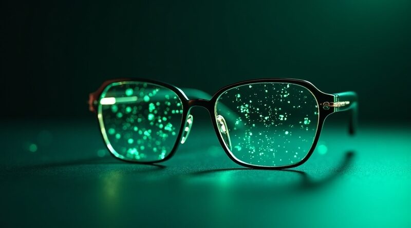 Minimalistyczne okulary RayNeo iO na ciemnym tle, wokół zielone holograficzne fragmenty tekstu.