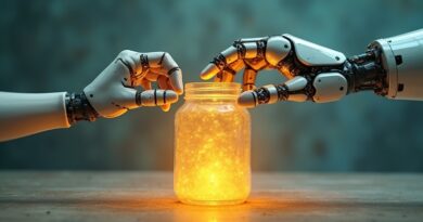 Ludzka i robotyczna dłoń wspólnie otwierają słoik, bursztynowo-tealowa paleta, eteryczny blask.