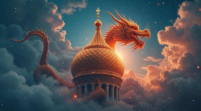 Indygo kopuła spleciona ze smokiem, nad nimi złote sieci neuronowe