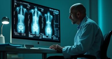 Zmęczony radiolog przed ekranem mammografii z adnotacjami AI.