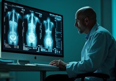 Zmęczony radiolog przed ekranem mammografii z adnotacjami AI.