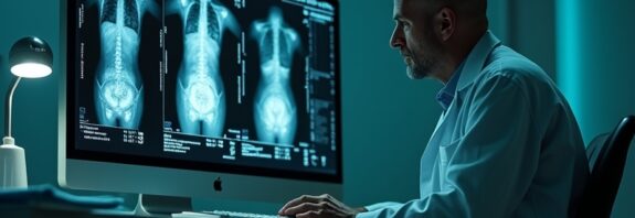 Zmęczony radiolog przed ekranem mammografii z adnotacjami AI.