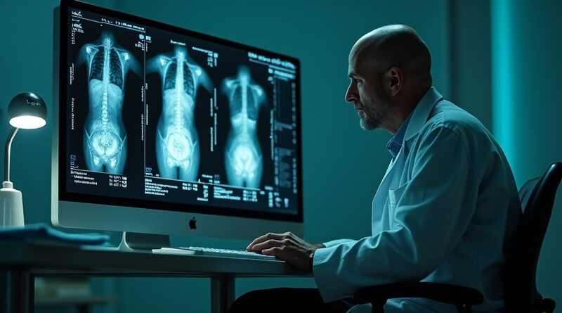 Zmęczony radiolog przed ekranem mammografii z adnotacjami AI.