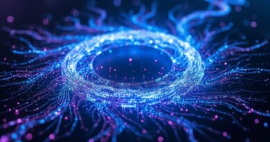 Lśniąca, samopowielająca się spirala z kodu w neonowym błękicie i fiolecie, ewoluująca w mrocznej cyberprzestrzeni.