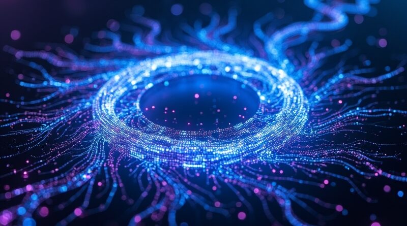 Lśniąca, samopowielająca się spirala z kodu w neonowym błękicie i fiolecie, ewoluująca w mrocznej cyberprzestrzeni.