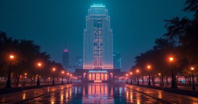 Cyberpunkowy bot ze świetlistych obwodów atakuje neoklasyczny rządowy budynek nocą.
