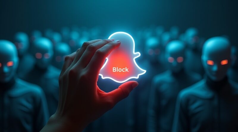 Ludzka dłoń naciska czerwony przycisk blokady na zalew robotycznych masek i ducha Snapchata.