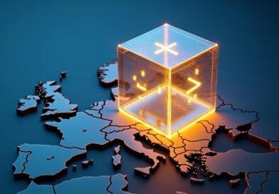 Przezroczysty, świecący serwer z gwiazdką unoszący się nad minimalistyczną mapą Europy.