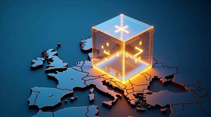 Przezroczysty, świecący serwer z gwiazdką unoszący się nad minimalistyczną mapą Europy.