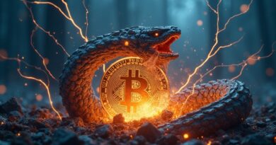 Upiorny wąż AI ściska kruszący się Bitcoin Core w cyberpunkowej scenerii.