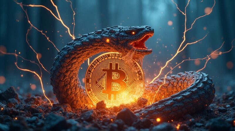 Upiorny wąż AI ściska kruszący się Bitcoin Core w cyberpunkowej scenerii.