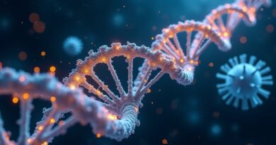 Cyfrowa grafika przedstawia świecącą helisę DNA przekształcającą się w neonowe kryształy wirusa na kosmicznym tle.