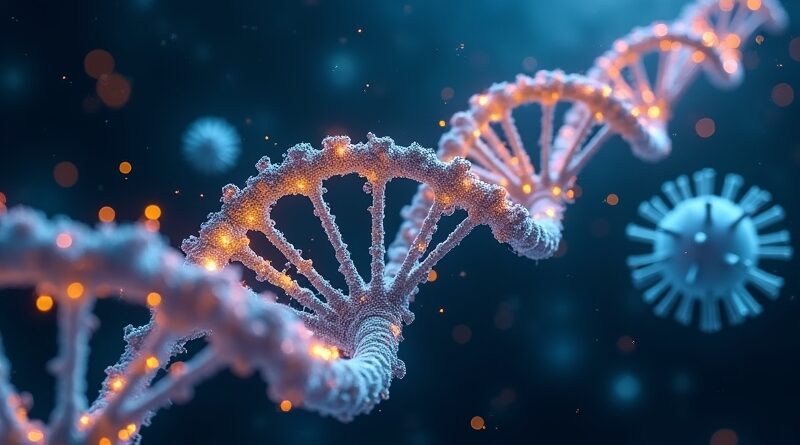 Cyfrowa grafika przedstawia świecącą helisę DNA przekształcającą się w neonowe kryształy wirusa na kosmicznym tle.