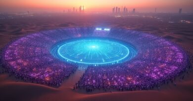 Epickie lotnicze ujęcie cyrkularnej areny w Dubaju, tysiące ludzi pod holograficznymi sieciami AI.