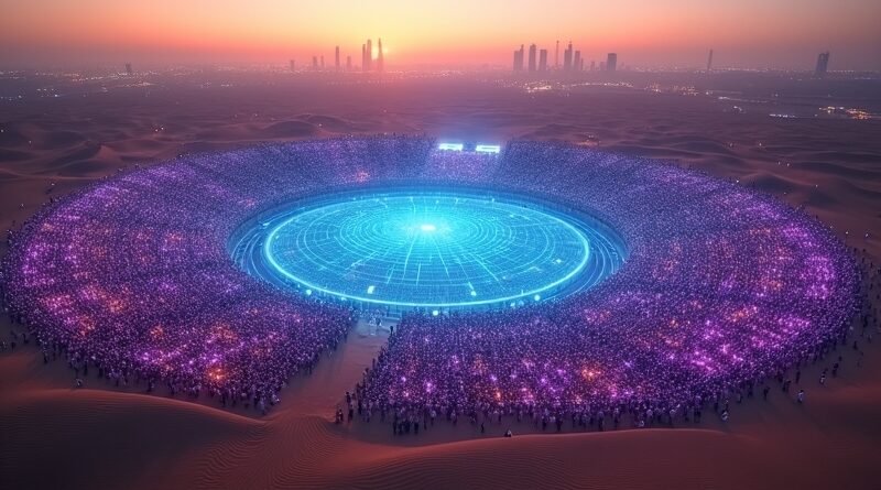 Epickie lotnicze ujęcie cyrkularnej areny w Dubaju, tysiące ludzi pod holograficznymi sieciami AI.