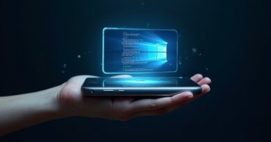 Dłoń trzyma iPhone'a z holograficznym pulpitem Maca. Granat, srebro, cyjanowe akcenty.